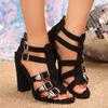 Fashion New Summer Cutout Temperament Sandals Women's Round Toe Open Toe Suede Metal Buckle Back Zipper Bag Heel Pump Shoes