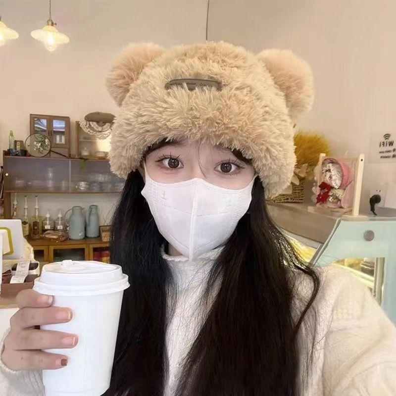 Teddy Bear Eared Wool Knit Cap With Hand Embroidery For Fashionable Winter Style LightKhaki
