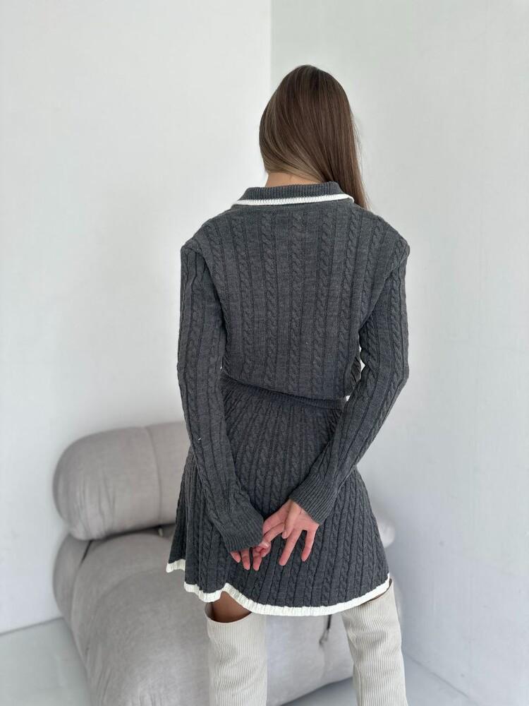 European & American Casual Long Sleeve Knit Sweater and Short Skirt Two-Piece Set for Women
