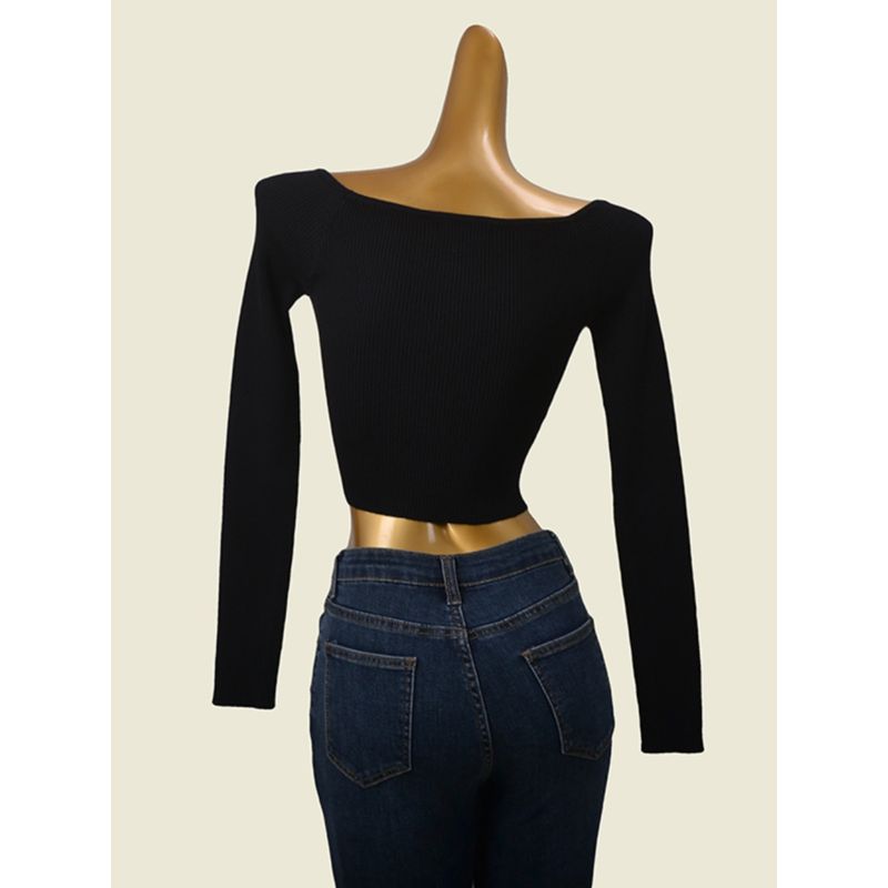 Off-the-Shoulder Sweater Fashion Wind Thread High Elastic Sunken Stripe Early Autumn Inner Bottoming Shirt Silm High Waist Show Belly Tops