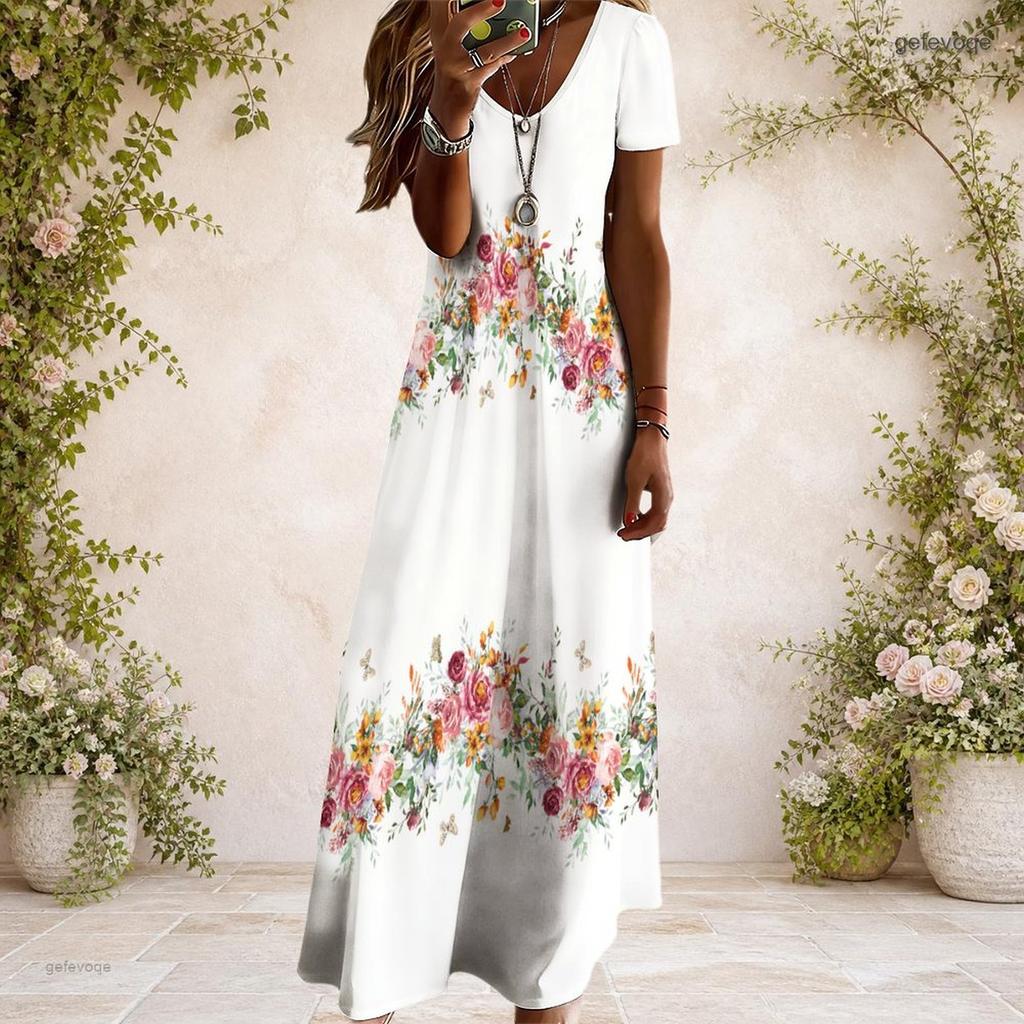 Women Plus Size V Neck Short Sleeve Colorful Floral Printed Straight Long Dress