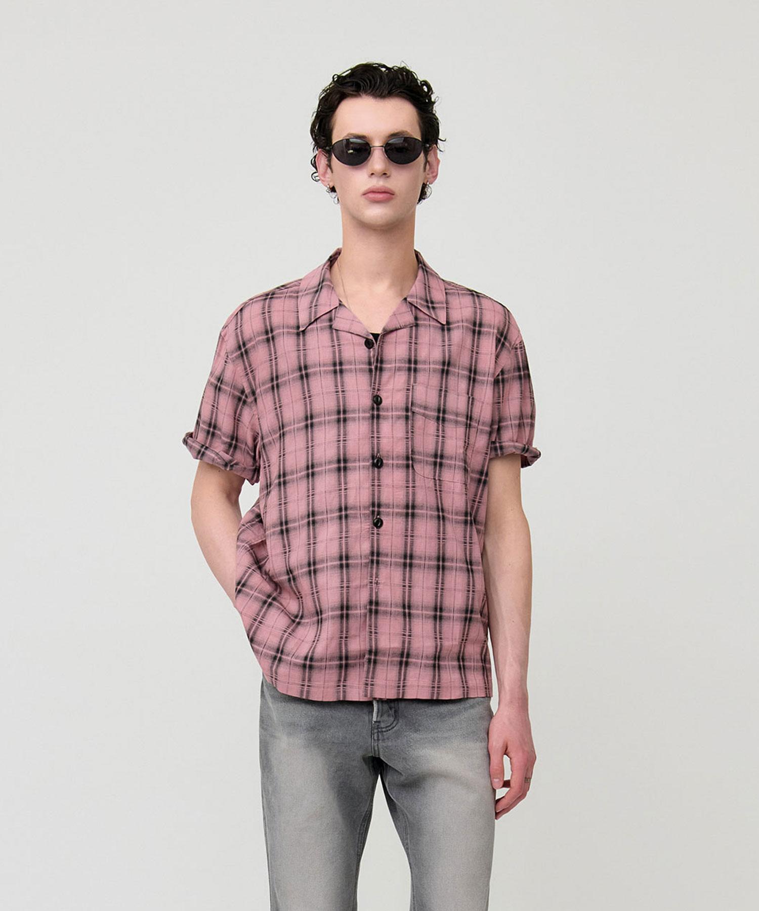 Man In Jungle Vintage Check Open Collar Shirt - Vintage Pink Washed Pink/L(100)