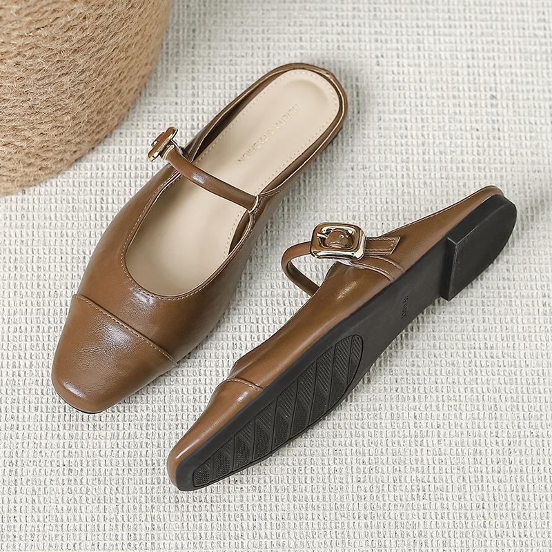Bag Half-head Slippers 2025 New Summer Wear Sandals Soft Leather Muller Shoes Low-heeled Single Shoes Women's W727-12