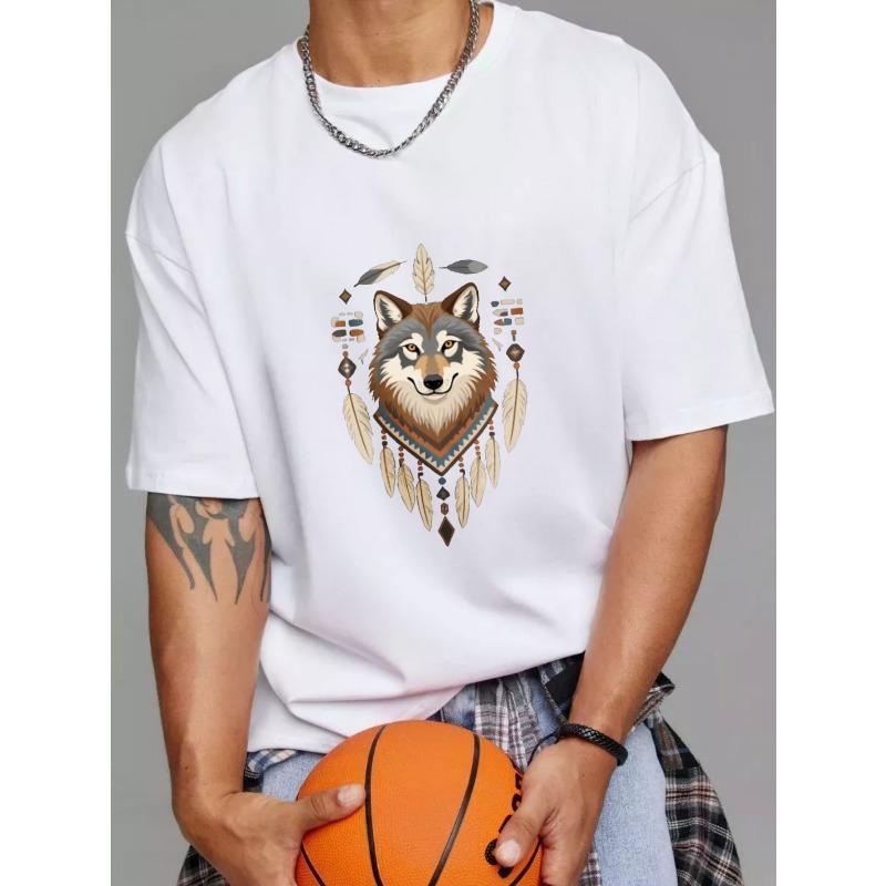 Wolf Tribal Pattern T Shirt White Wolf Face with Feathers and Beads Design for Casual Wear