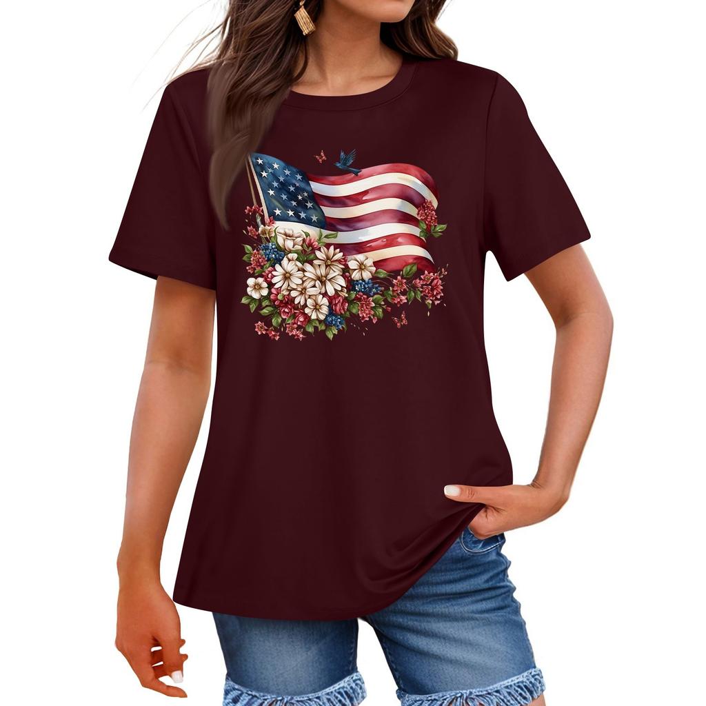 Women's Fashion Independence Day  Printed Round Neck Short Sleeved Casual T-shirt Top