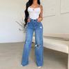 Jeans lunghi da donna a vita alta strappati con orlo sfilacciato comodi a gamba larga