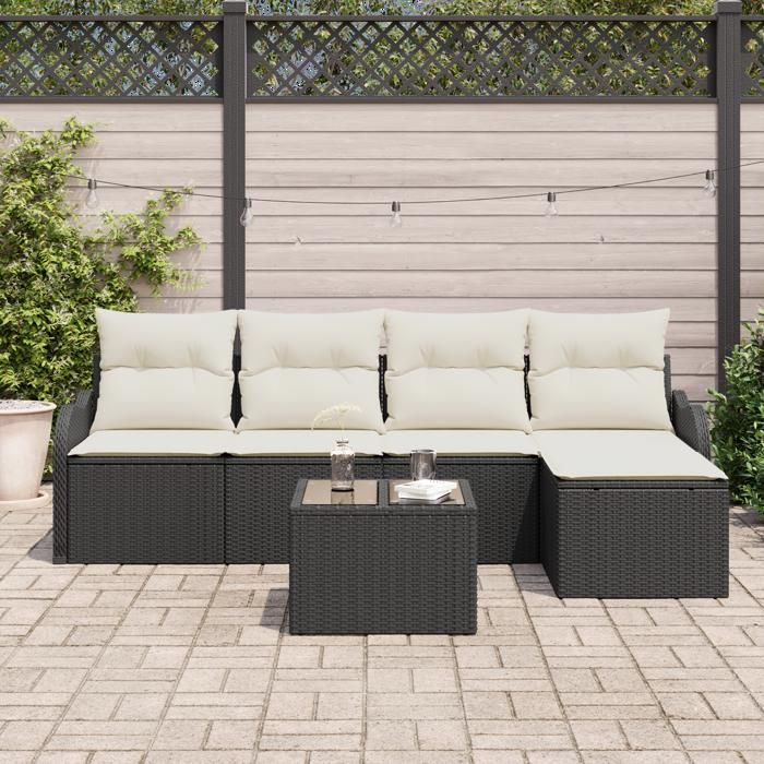 Canapé jardin 5 pièces avec coussins poly rotin marron 3345667