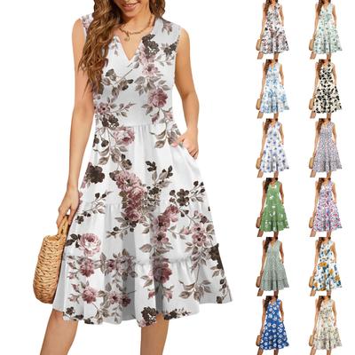 Damen Sommer V-Ausschnitt Lässige Plissierte Rüschen Vintage Floral Ärmellose Kleider