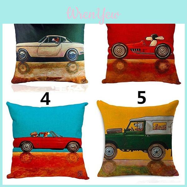 Classic Vintage Car Dog Print Pillow Case Featuring Premium Quality Cotton Linen Material