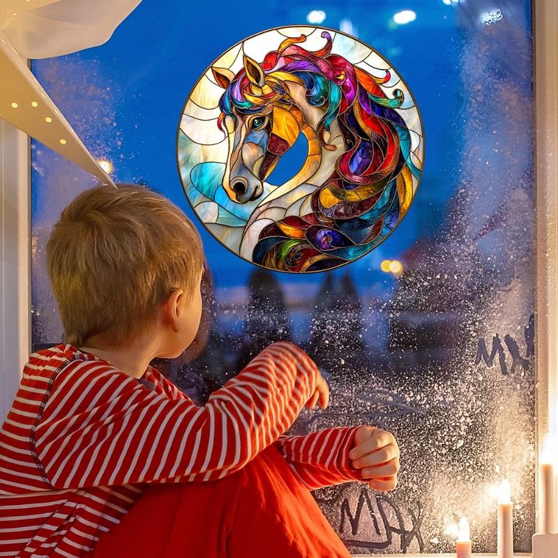 Fun-JD054 Creative Circular Colorful Horse-head Balcony Glass Window Home Decoration Electrostatic Window Sticker