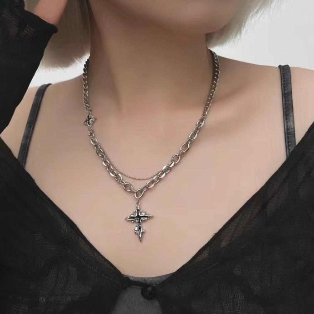Hiphop Punk Long Cross Necklace for Women Men Double Layer Chain Gothic Jewelry Halloween Gift Trendy