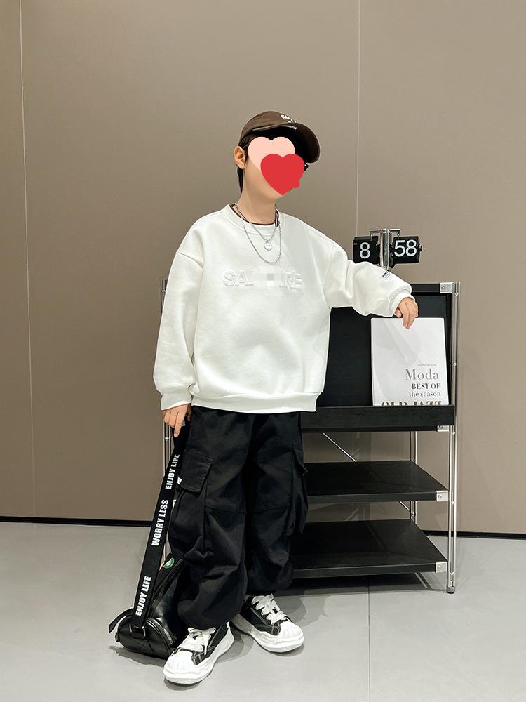 

2024 Весна/Осень Пуловер для мальчика: Корейский стиль, модный, универсальный однотонный топ с буквами 160 cm белый