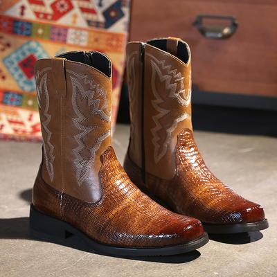 Pánské kovbojské boty Western Hnědé Černé Středně vysoké vyšívané Čtvercová špička Boční zip Pánské boty Velikost 38-48