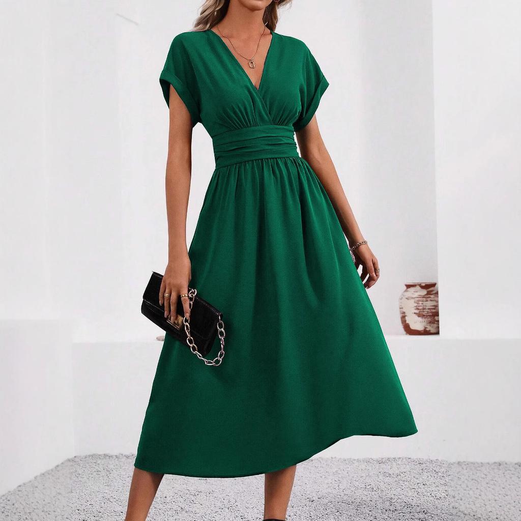 Ladies Summer Solid Color Overlapping V-Neck Bat Sleeve Waist Folds Long Elegant Dress, Women's Long Dress