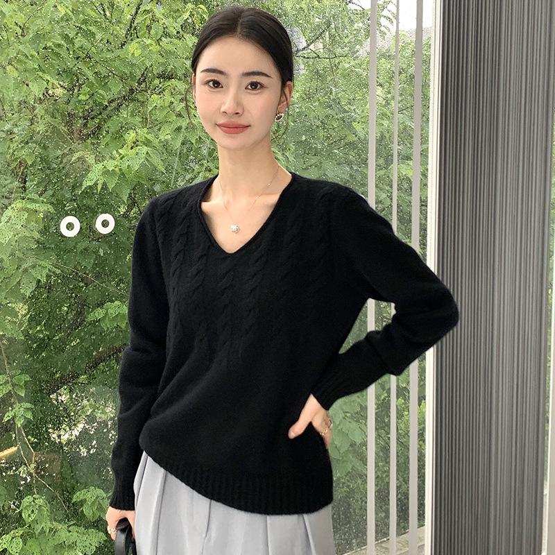 Women's V-Neck Cashmere Sweater - Autumn/Winter Warm, Elegant Knit, Solid Color, Thick Cable Knit Base Layer Top
