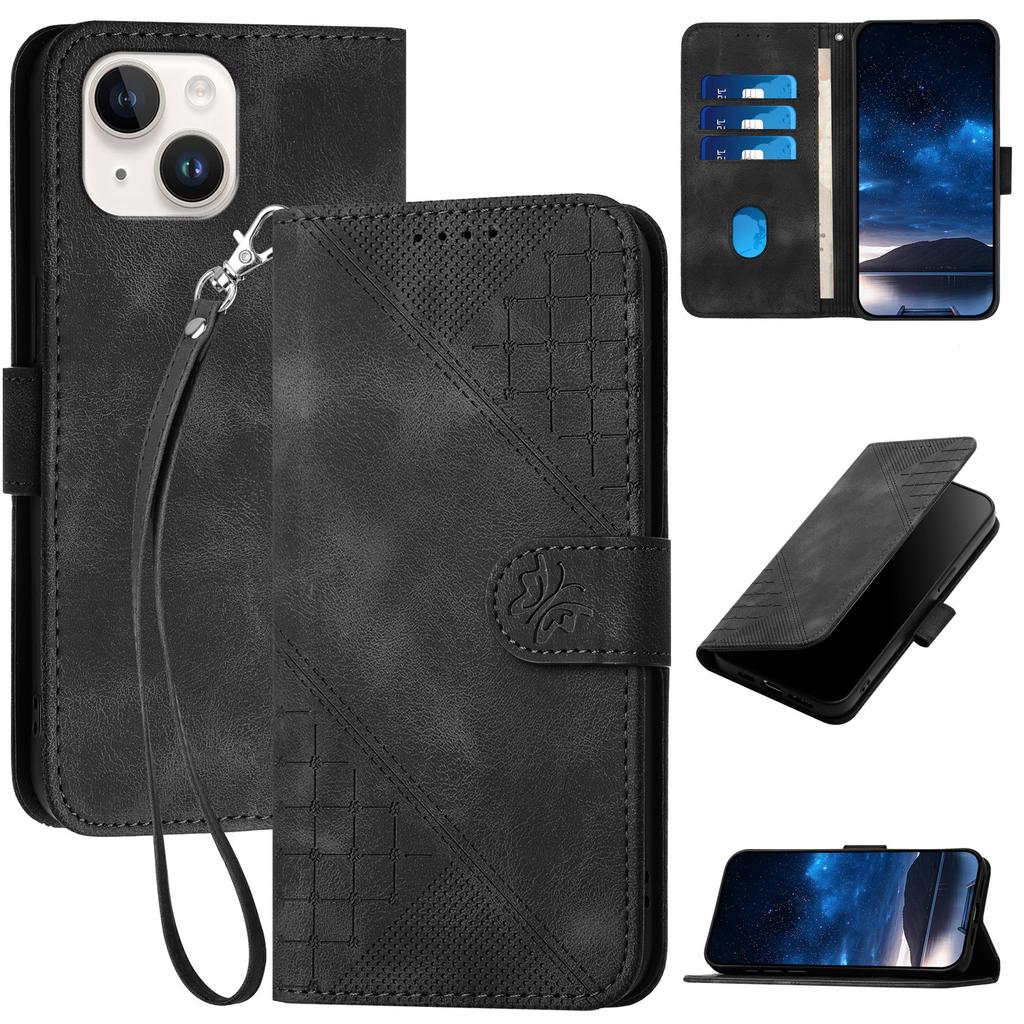 For iPhone 15 Leather Wallet Case Butterfly Flower Imprinted Phone Cover with Strap