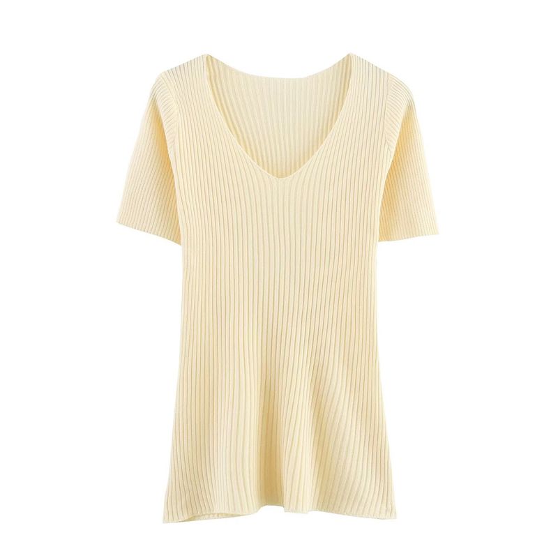 Kaslead New Women clothes Western Style Fashion Simple Solid Color Vertical Stripe Knitted Short sleeve Top