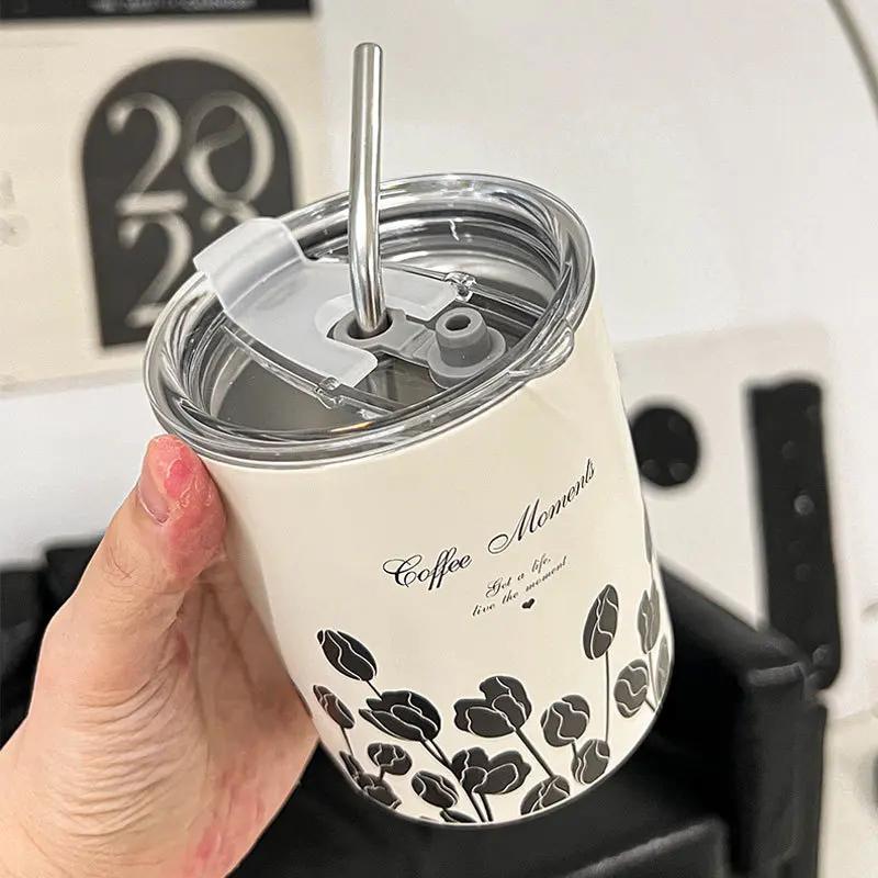 300ml Thermos Kaffeetasse Doppelschichtiger Edelstahl Tee Kaffeetasse Tulpen Thermobecher für Mädchen Wasserflasche Tumbler mit Strohhalm
