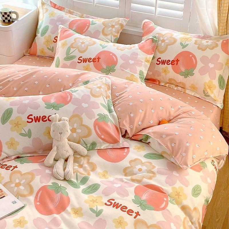 Vierteiliges Bettwäsche-Set, Bettwäsche, Gewaschene Baumwolle Sandgestrahlt Verdickter Bettbezug, Stepplaken, Studentenwohnheim Einzelbettbezug Dreiteiliges Set