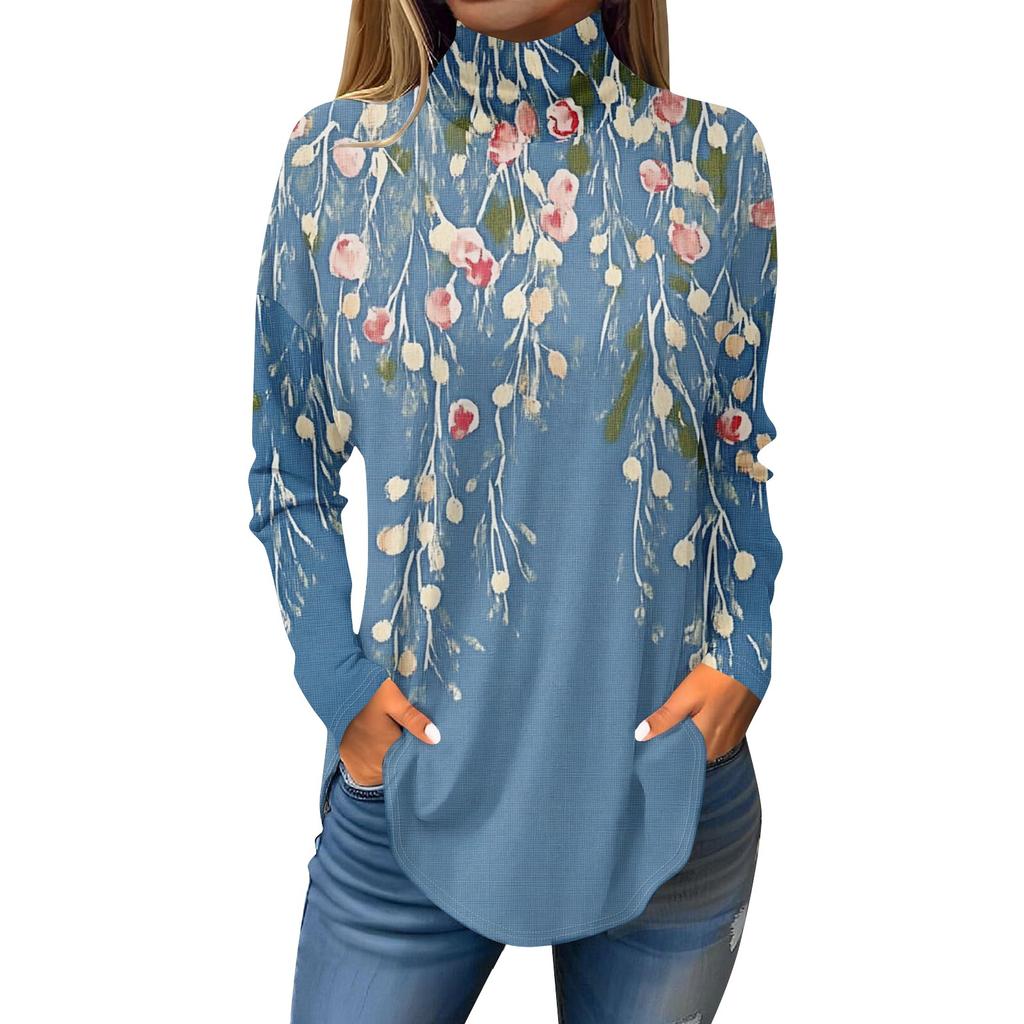 Tee Shirts For Women Fall Casual Long Sleeve Shirts Sweatshirt Vintage Printed High Neck Top Pullover
