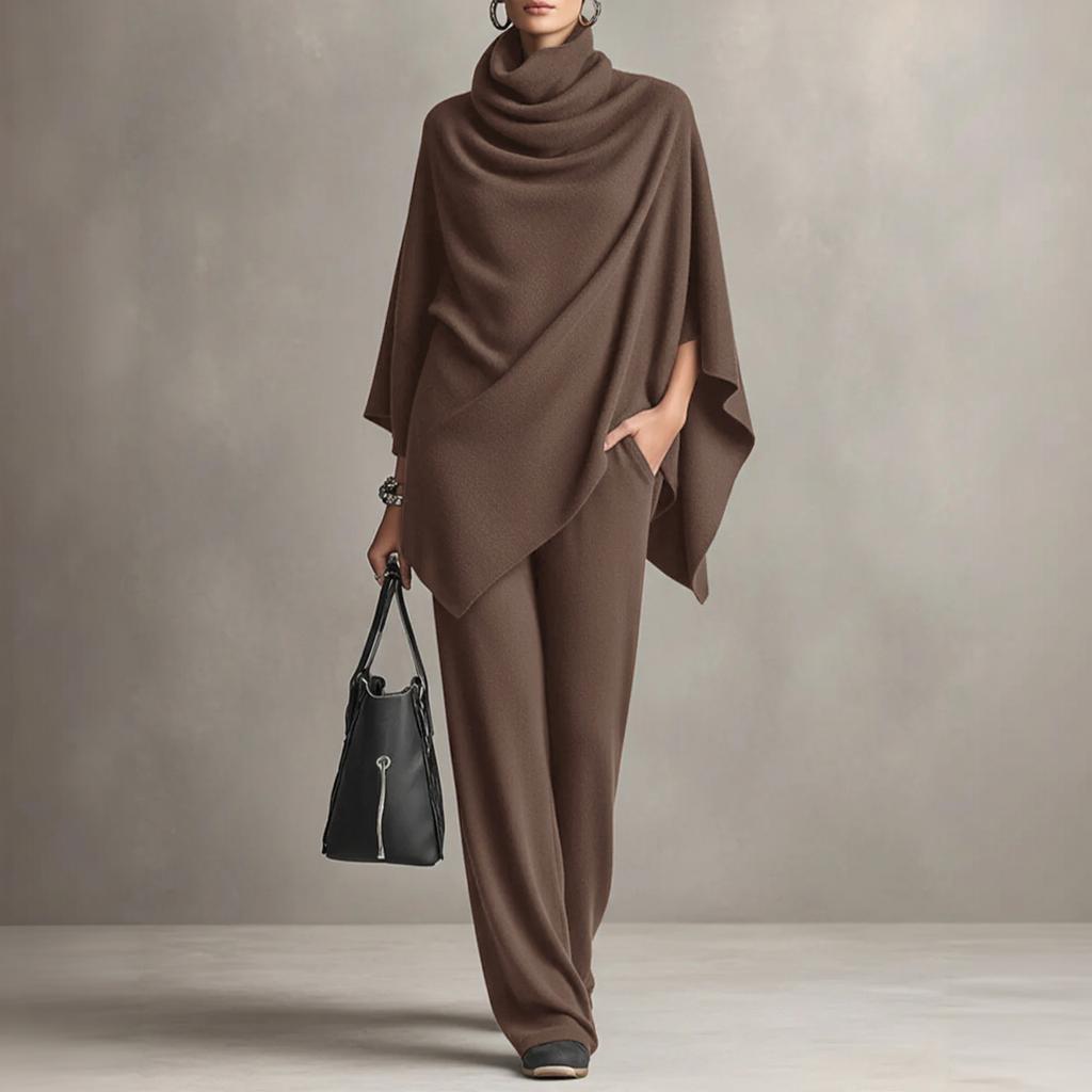 Women's Cozy Cowl Neck Cape Top and Wide Leg Pants Two Piece Set for Casual Daily Wear