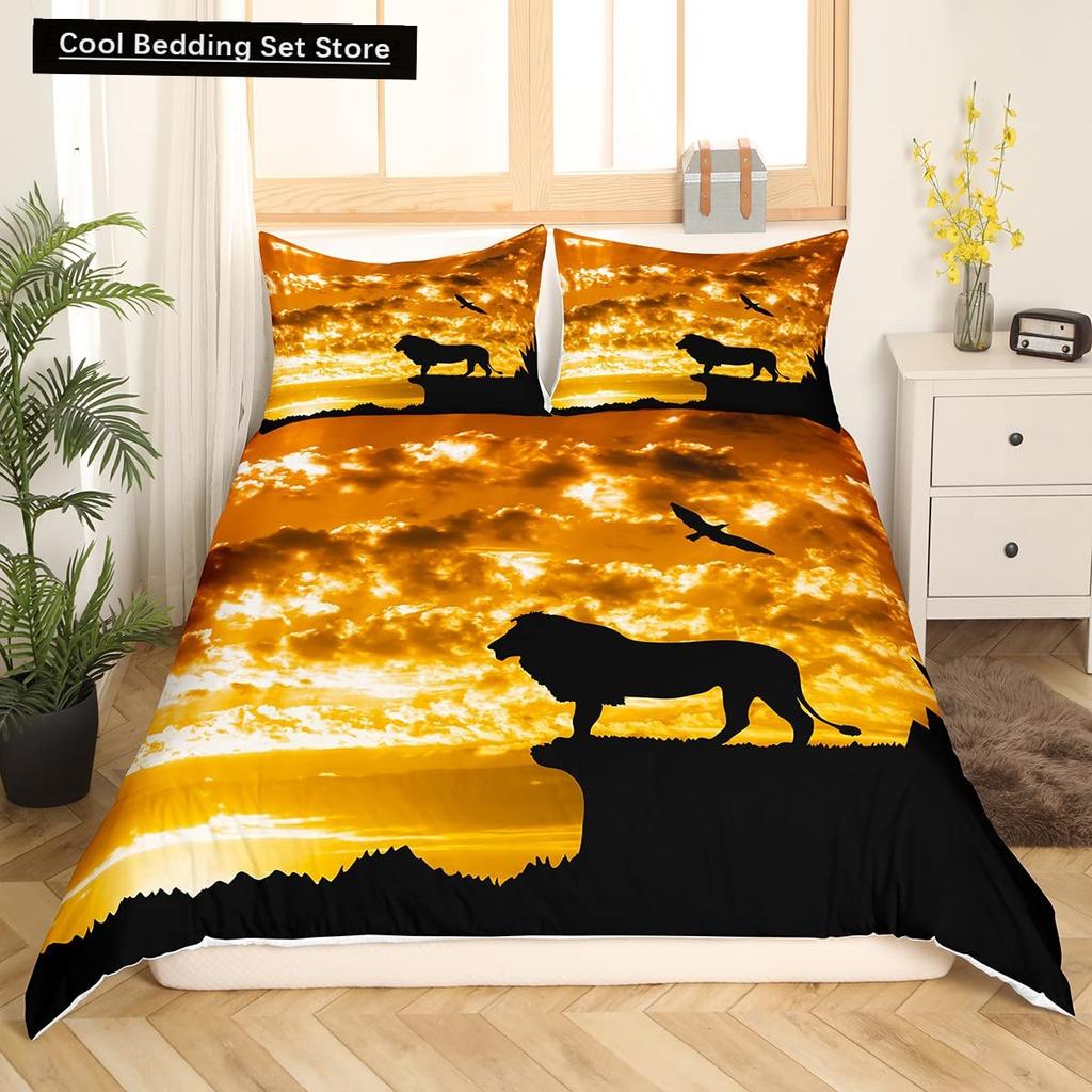 Rei Leão Rainha Capa de Edredom Conjunto de Cama Animal Relâmpago Leão Dourado 2/3 Peças Capa de Edredom Cinza Preto Dourado Poliéster Capa de Edredom