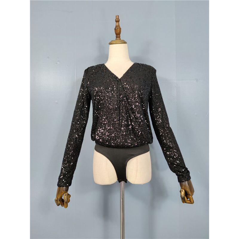 

Slim Looking Sexy Long Sleeves V-neck All-Matching Gas Field Sequin Black M