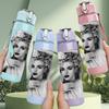1PC Retro Blonde Female Portrait Print 750ml Colorful Plastic Sports Water Bottle Leakproof Pop Up Lid with Straw for Outdoor Work Home Use