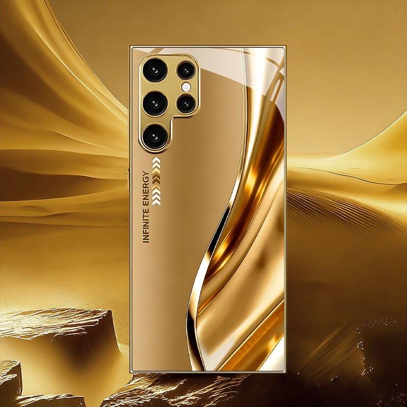 Golden flow infinite pattern gold glass phone case suitable for Samsung Galaxy S26 S25 S24 S22 S21 S20 FE/Ultra/Plus shockproof