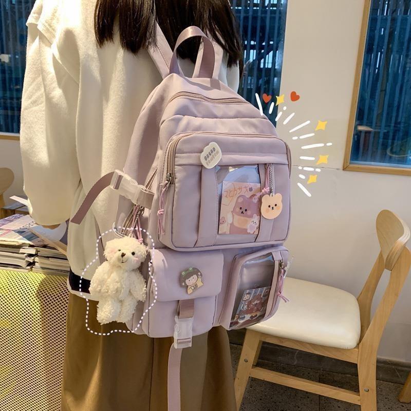Backpacks Candy Color Sweet Cute School Bags Large Capacity Multi-pockets Water Proof Students College Korean Style(Without Toy Accessories)