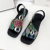 Sandalen mit Leopardenmuster für Damen, Sommer Neu Übergröße Fischmaul Quadratische Zehe Hinten Leer Modische Dicke und Niedrige Absätze Sandalen Trendig