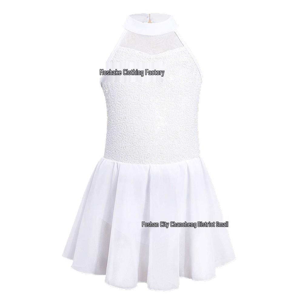 Mädchen-Glitzer-Ballettkleid mit hohem Kragen, Netzrock und Pailletten-Neckholder-Leotard