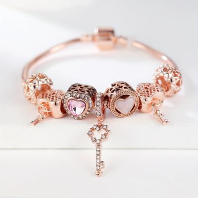 1Pc Rose Gold Color Heart Key Pendant Bracelets for Women Charm Beads Bracelet Jewelry Gift