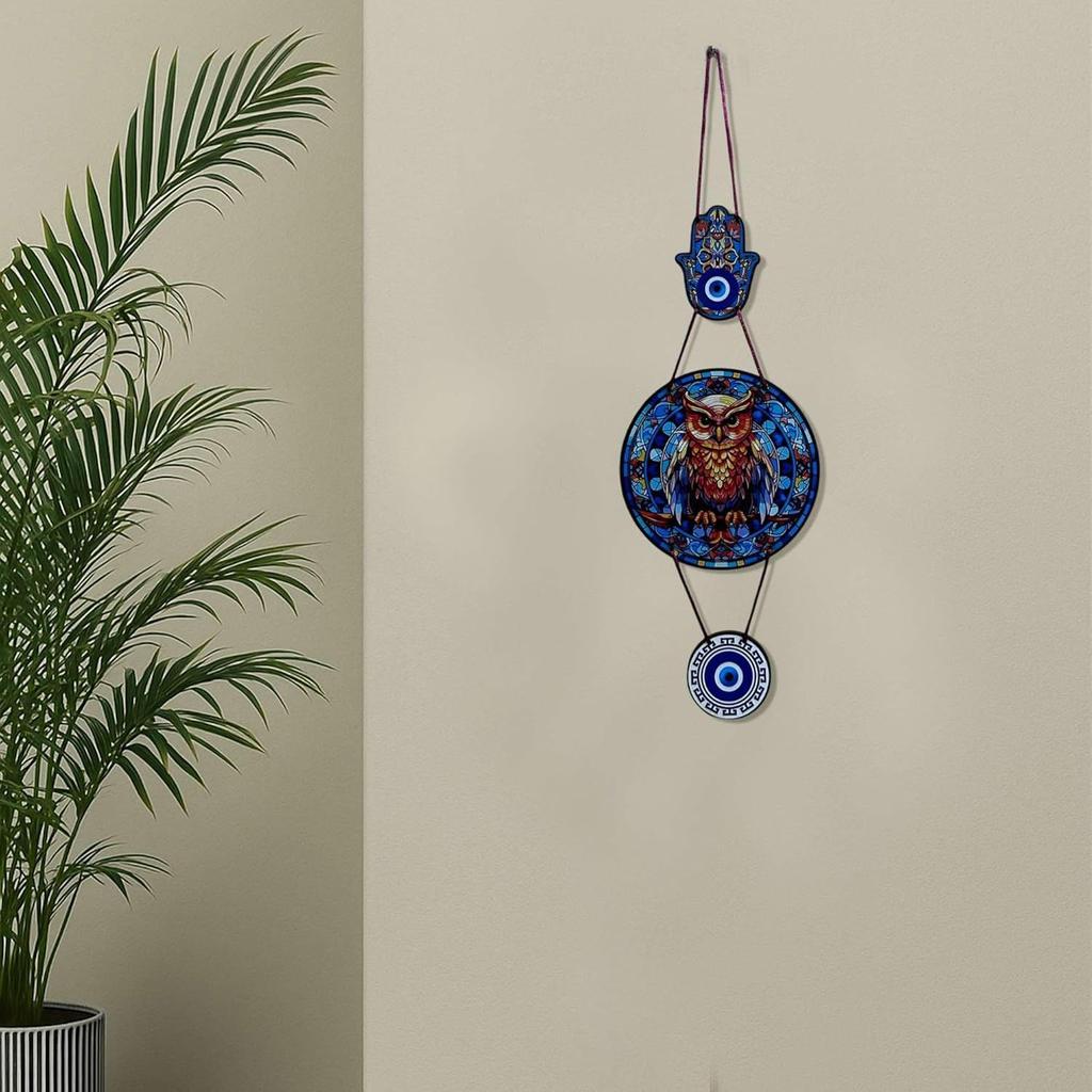 Wooden Evil Eye Owl Wall Hanging – Handcrafted Decorative Art for Home, Living Room, Bedroom, Entryway – Protection Amulet