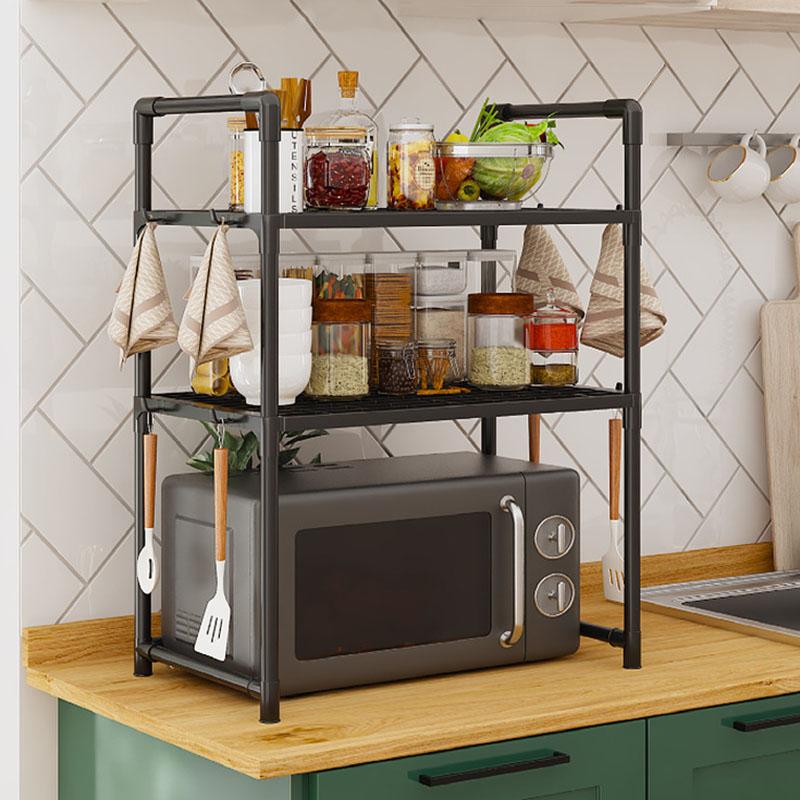 Multi-Purpose Kitchen Storage Rack - Thickened Adjustable Shelf for Microwave, Oven, Countertop Organizer with Tool Hooks