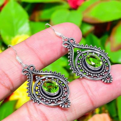 Natural Peridot Gemstone Handmade 925 Sterling Silver Earring 2.05" E4u54