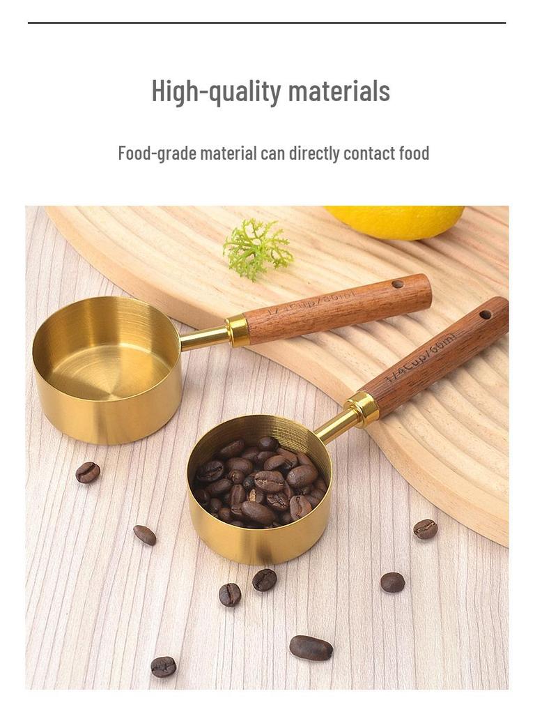 Stainless Steel Gold-Plated Measuring Spoons & Cups with Acacia Wood Handles, Precise Markings, 8-Piece Baking Tool Set.