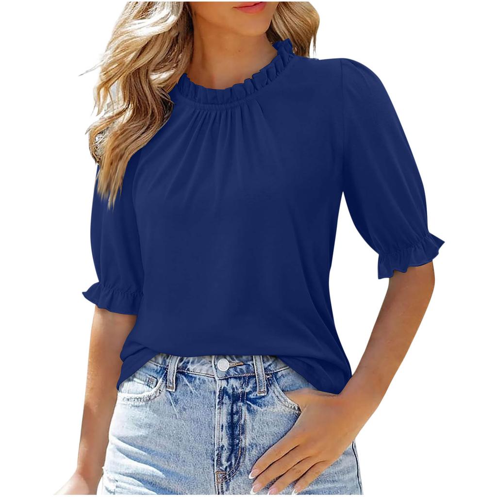 New Women's Solid Color Button Crew Neck Medium Sleeve Pleated Top