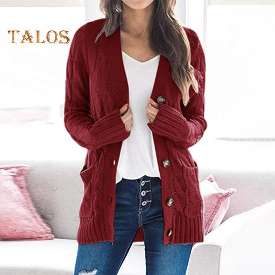 Dámský svetr bunda s dlouhým rukávem, zapínání na knoflíky, zimní kabát s kapsou, jednobarevný svetr s volným střihem