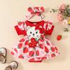Summer 2026 Strawberry Bear Ribbed Triangle Romper with Faux Straps