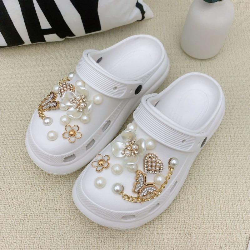 24PCS Summer Fashion Shoe Charms Set Accessories for Clogs Shoe Buckle Butterfly Pearl Flower Chain DIY Shoes Decorations