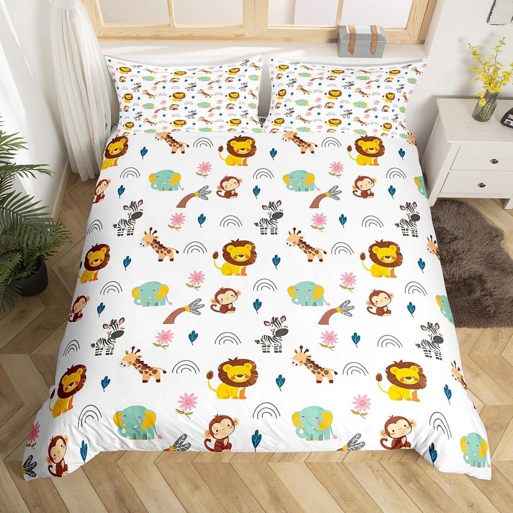 Kawaii Lion Duvet Cover Set Twin King For Kids Boys Girls Cartoon Animal Bedding Set Microfiber Wild Animals Theme Quilt Cover