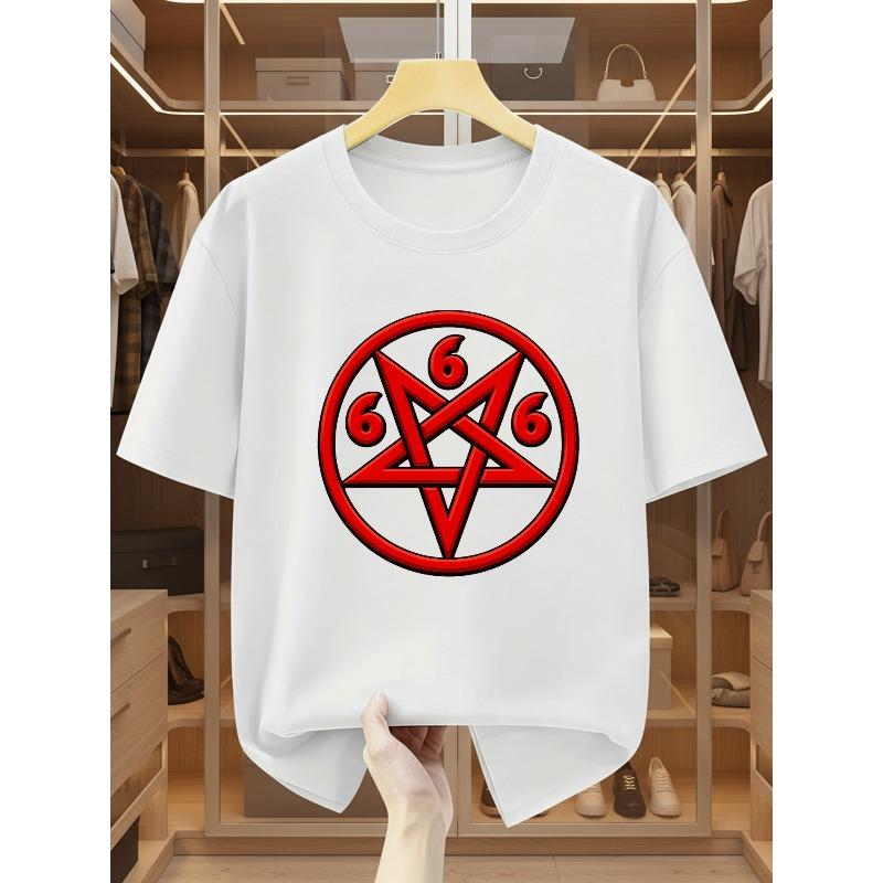 Herren Baumwoll-T-Shirt in Übergröße mit mysteriösem Hexagramm und der Zahl 666 als Aufdruck, Bequemes Freizeit-T-Shirt mit kurzen Ärmeln für den Sommer