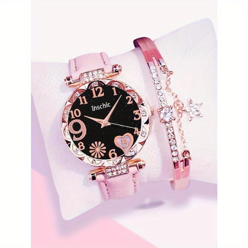 

Кварцевые часы с декором из стразов 1 шт. и браслет 1 шт. one-size розовый