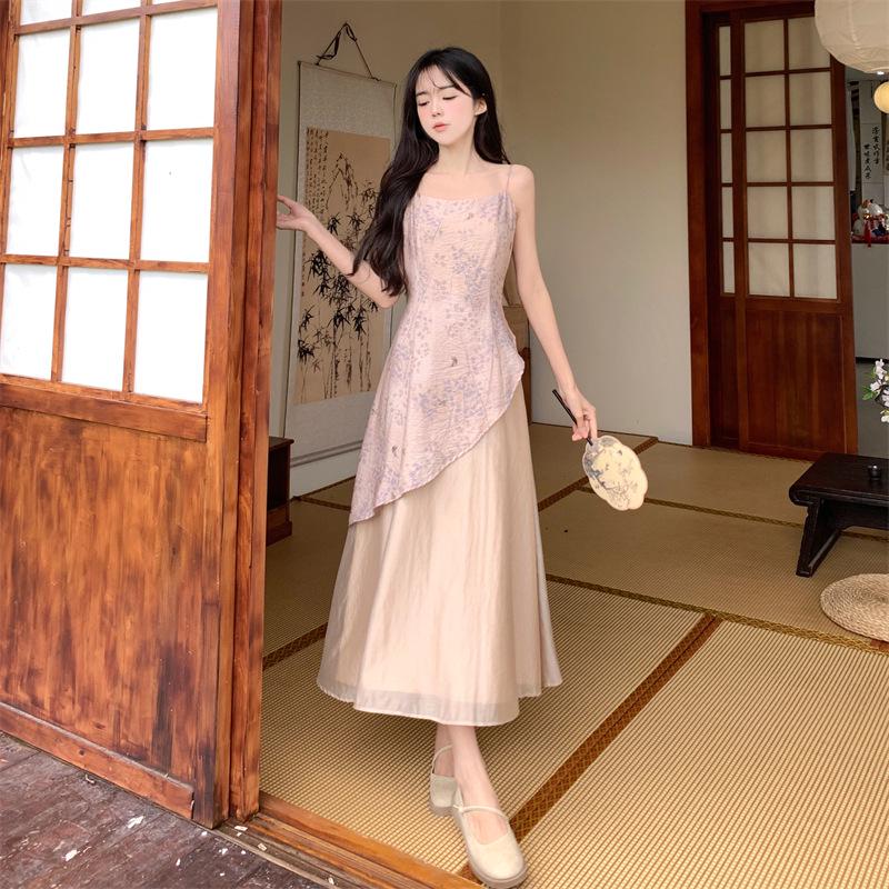2024 Summer Zen-Inspired Chinese Cheongsam Dress: Irregular Print, Long Suspender Skirt