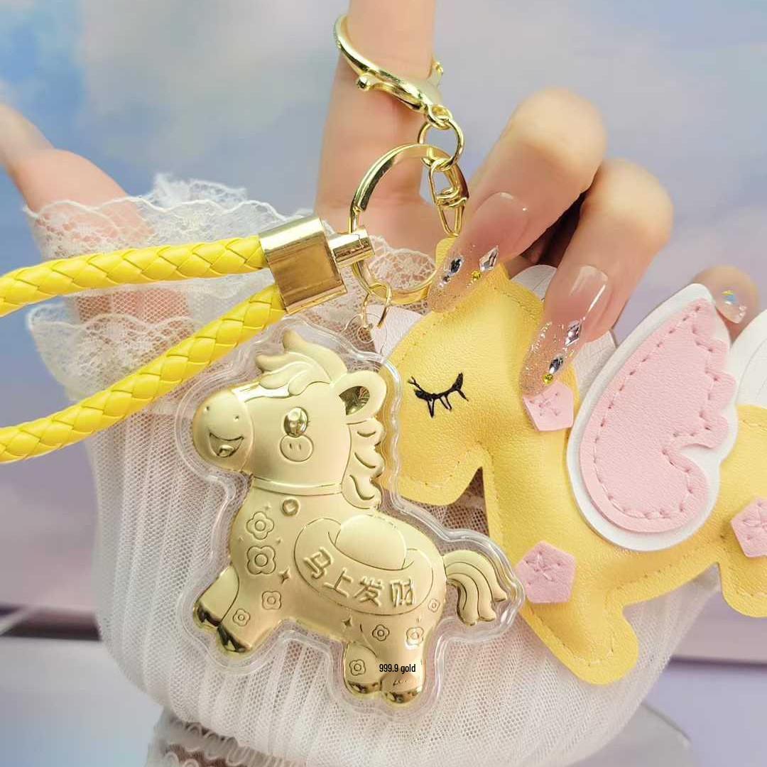 Golden Pony Pendant: Pure Gold Phone Lanyard & Keychain Bag Charm for Instant Wealth and Prosperity.
