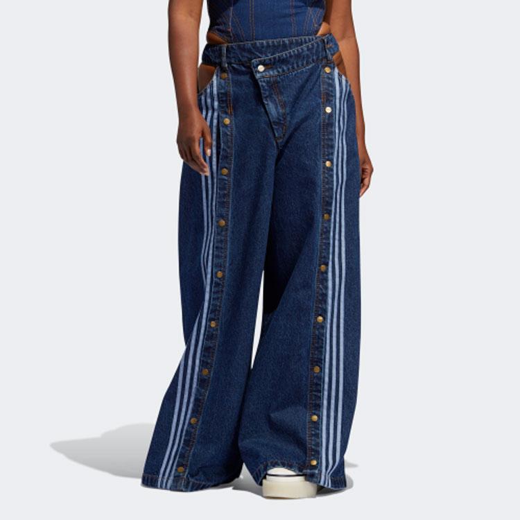 Adidas Originals X Ivy Park Collaboration Three Leaves Button Closure Split Hem Wide Leg Jeans Women Jeans Blue H61716