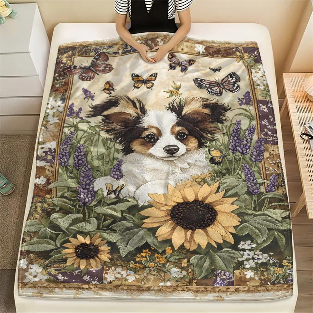 1 Stück Hunde- und Sonnenblumen-Print Flanelldecke, Hohe Qualität, Bequem für alle Jahreszeiten, Heimdekoration, Wärme und Komfort, Perfekt für Weihnachtsgeschenke