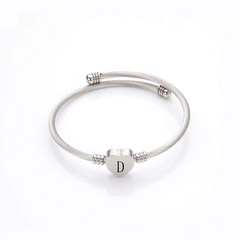 Stainless Steel Open Cuff Adjustable 26 Letters Heart Bracelet