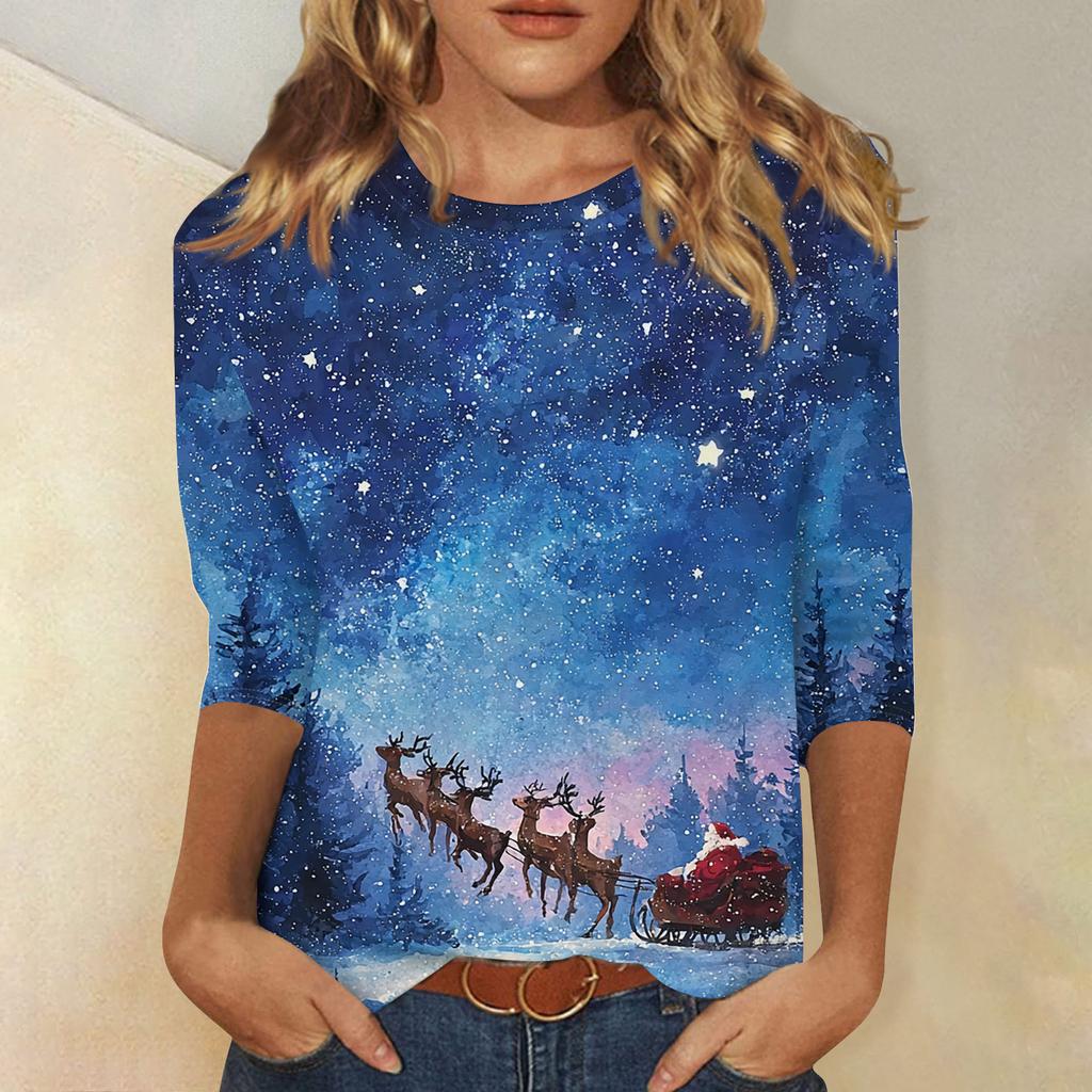 Women's Fashion Casual Christmas Printed Round Neck Long Sleeve Pullover Top